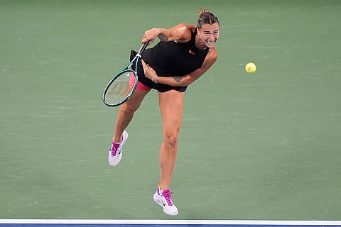 US Open 2024: Aryna Sabalenka, of Belarus, serves to Australia's Priscilla Hon